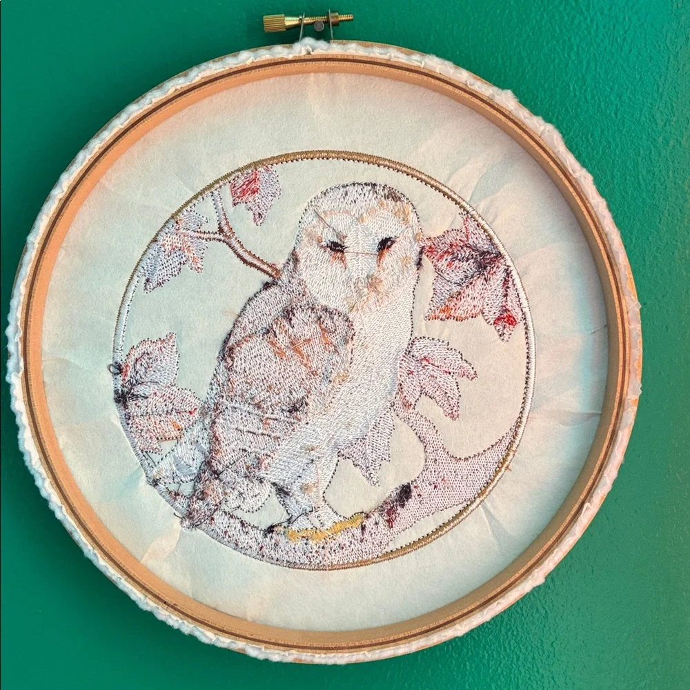 Wooden Round hoop with embroidered barn owl fall leaves wall decor autumn 8.5
